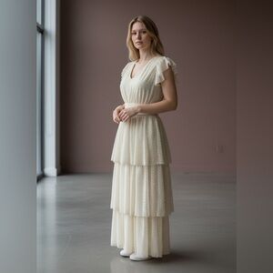 Ivory Maxi Dress NWT – Ruffles, Short Sleeve,  Flowy Formal/Boho Style-small